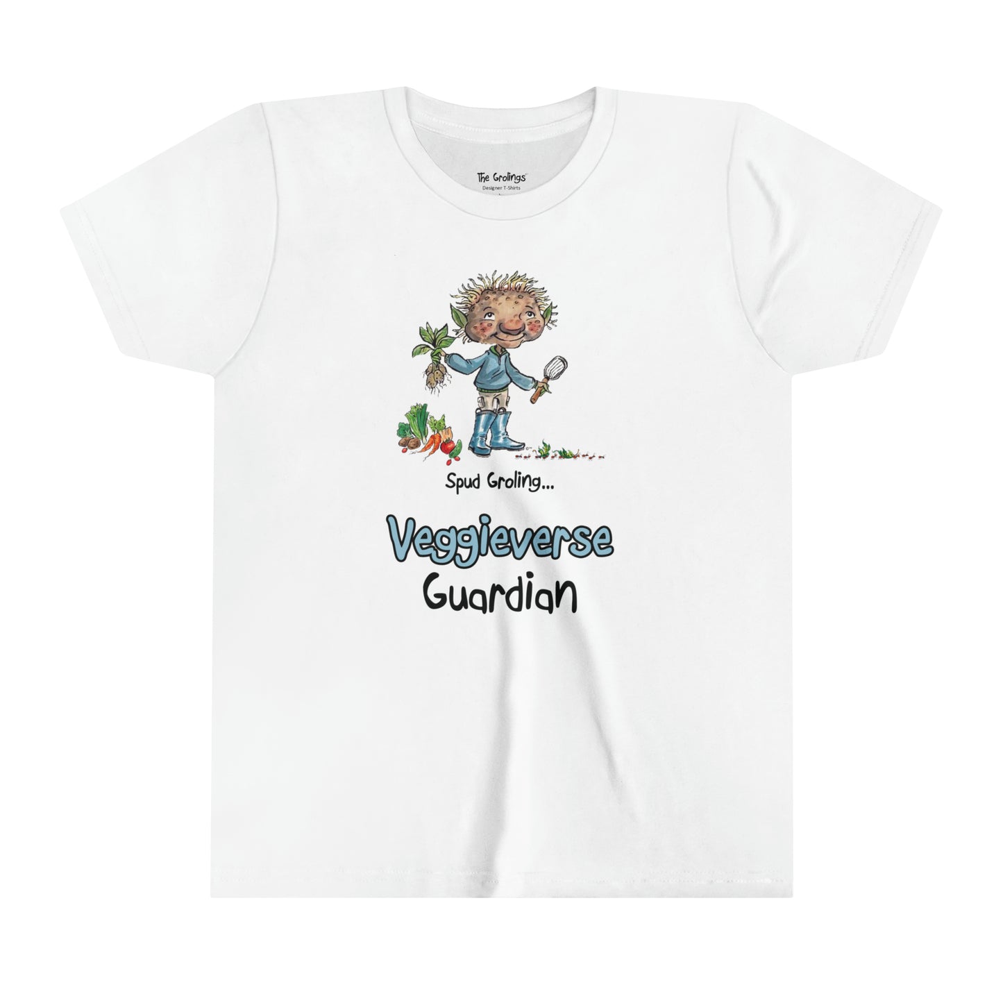 A white official USA Grolings kids t-shirt featuring the phrase 'Spud Groling... Veggieverse Guardian. The t-shirt showcases Spud Groling, standing with a freshly harvested potato plant in his hand, surrounded by a variety of fresh vegetables. Spud Groling's message encourages the wearer to embrace a role as a protector and caretaker of the vegetable world. 