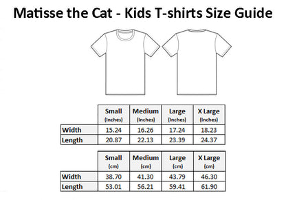 Matisse the Cat kids t-shirt size guide.